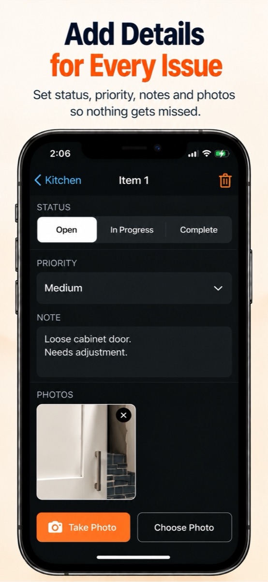 Setting status, priority, notes and photos for an issue